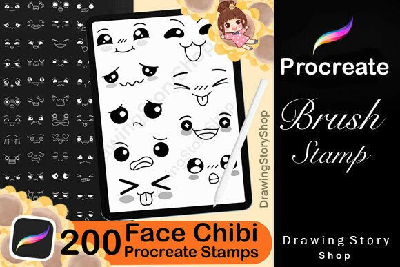 200 Procreate Kawaii Faces Stamp Brush