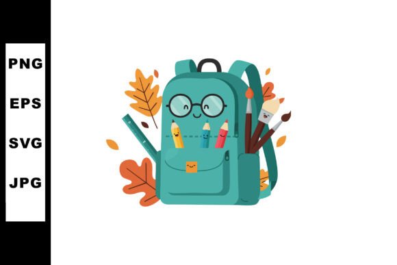 Cute Teal Backpack with Smiling Stationery: A Versatile Creative Asset