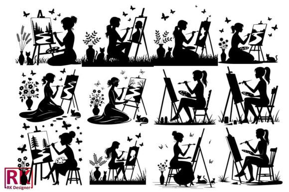 Elegant Woman Painting SVG Silhouettes for Creative Projects