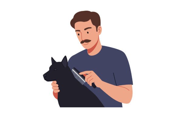 Man Grooming a Black Dog in Flat Vector Style