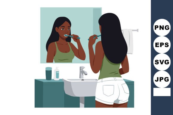 Woman Brushing Teeth in Bathroom Mirror: A Symbol of Daily Hygiene and Mindful Routine
