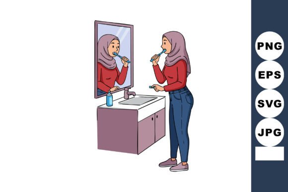 Woman in Hijab Brushing Teeth in Bathroom: A Symbol of Routine and Hygiene
